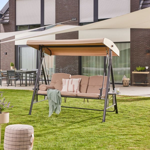 Home Deluxe - Hollywoodschaukel DESCANSO Beige - 3-Sitzer, B/H/L 115cm x 195cm x 198cm, inkl. Getränkehalter, Sitz- und Rückenkissen I Gartenliege Gartenlounge Schaukelliege