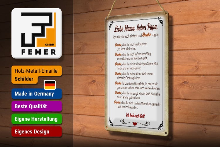 Blechschild Spruch 20x30cm Mama Papa hab euch lieb danke