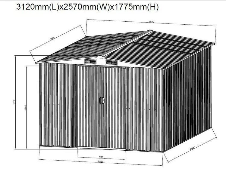 Technische Zeichnung eines Metallgerätehauses mit den Maßen 3120 Millimeter Länge, 2570 Millimeter Breite und 1775 Millimeter Höhe.