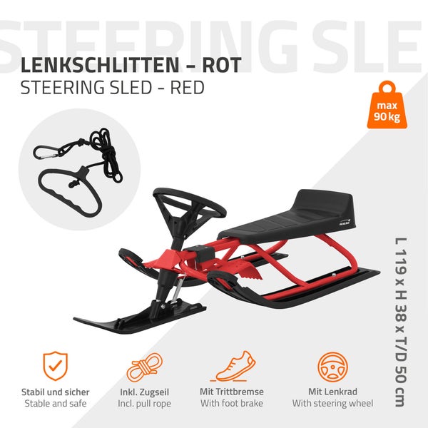 Hauki Lenkschlitten in Rot, Kinderschlitten Rodel ab 5 Jahre, Skibob für Kinder und Erwachsene bis 90 kg, Schlitten mit Lenkrad, Fußbremse, Zugseil, Sitz mit Rückenlehne, Stahlrahmen, 119 x 38 x 50 cm