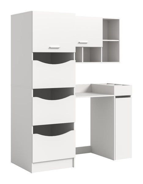 Schreibtischkombination mit hohem Seitenschrank, Schubladen, Regalfächern und Oberschrank für effiziente Arbeitsplatzorganisation.