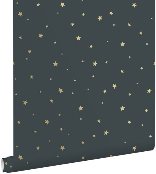 ESTAhome Tapete kleine Sterne Graublau und Gold - 0,53 x 10,05 m - 139261