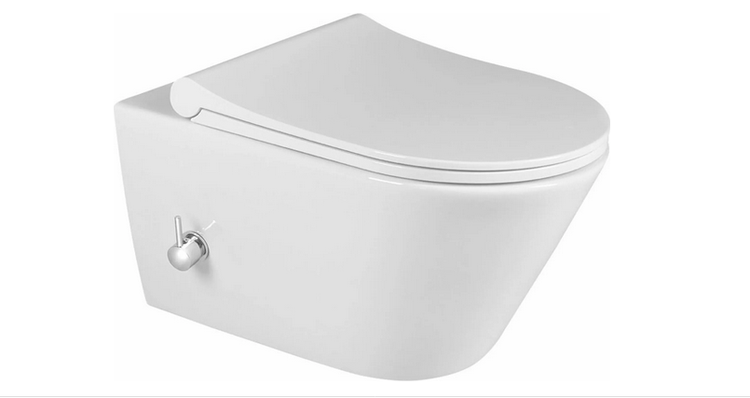 Wand-Hänge-WC mit integrierter Taharet-Duschfunktion, Keramik, inklusive WC-Sitz und seitlichem Bedienhebel.