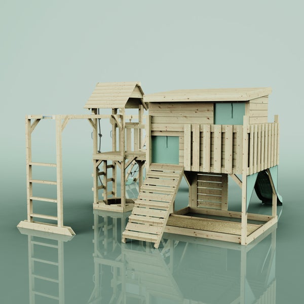 Spielturm mit Rutsche, Klettergerüst und Sandkasten für den Garten