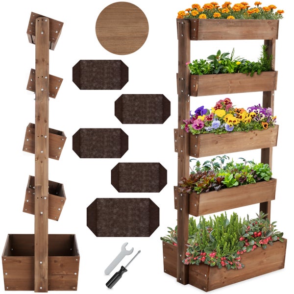 Vertikales Pflanzregal aus braunem Holz mit fünf Ebenen, bepflanzt mit bunten Blumen und Kräutern, inklusive Montagematerial und Einlegematten.