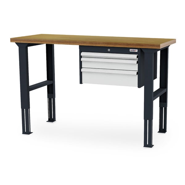 Werkbank mit Holzarbeitsplatte, drei Schubladen und höhenverstellbarem Metallgestell.