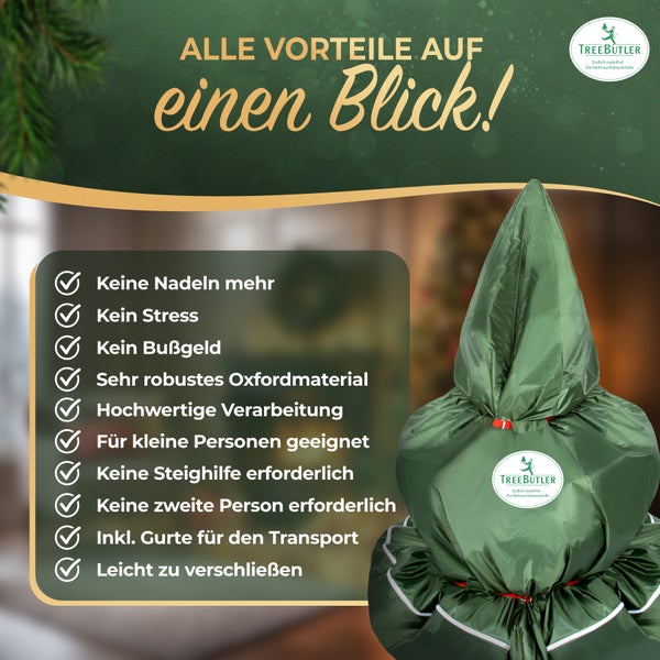 TreeButler Pro – Weihnachtsbaum Sack für nadelfreien Transport & Entsorgung, Bäume bis 2,2m, robustes Oxford-Material, Weihnachtsbaum Hülle, Baum-Aufbewahrung, wiederverwendbar, nachhaltig