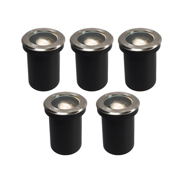 Set aus fünf runden Bodeneinbaustrahlern mit Edelstahlring und Glasabdeckung für die Außenbeleuchtung.