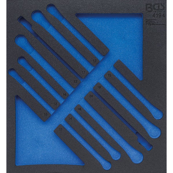 BGS Technic Logo. Werkstattwageneinlage aus Schaumstoff mit Aussparungen für Werkzeuge und aufgedruckten Größenangaben.