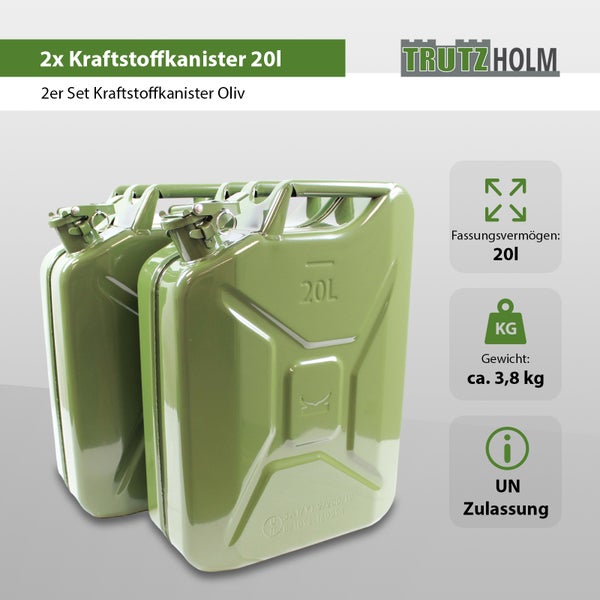 Set aus zwei 20 Liter Metall Kraftstoffkanistern von Trutzholm mit UN Zulassung.