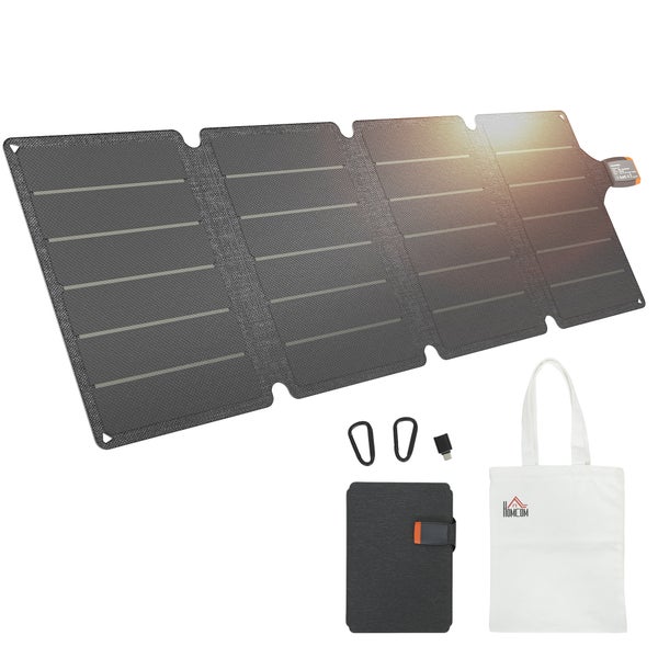 Faltbares Solarpanel mit vier Segmenten, inklusive zwei Karabinerhaken, USB-Adapter und Tragetasche mit Homcom Logo.