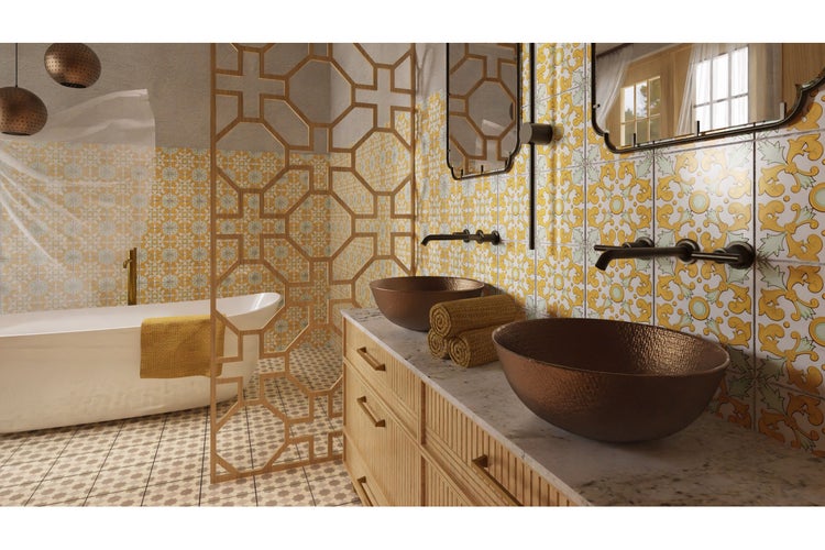 Helles Badezimmer mit freistehender Badewanne, Waschtisch mit Aufsatzwaschbecken und gemusterten Fliesen