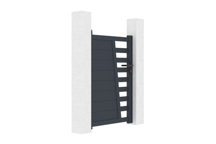 Modernes Gartentor aus Aluminium in Anthrazit, einflügelig mit horizontalen Lamellen und offenen Streben zwischen zwei weißen Pfeilern.