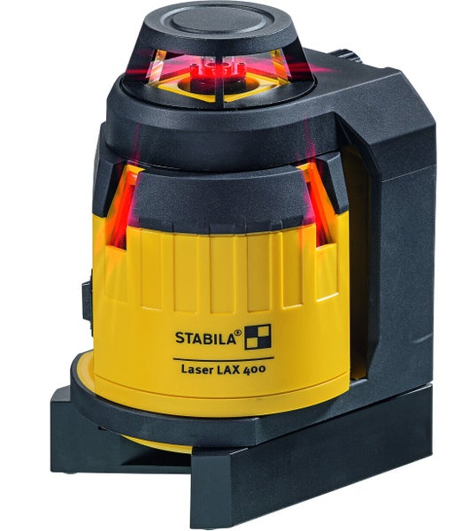 Stabila Multilinien-Laser LAX 400 mit 360 Grad Horizontallinie und vertikalen roten Laserstrahlen auf einem Standfuß.