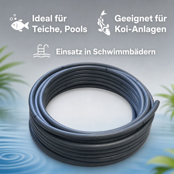 Ein aufgerollter Spiralschlauch für Teiche, Pools, Koi-Anlagen und Schwimmbäder.