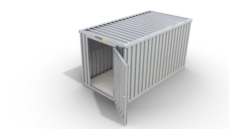 Lagercontainer Gerätehaus M  – 6 qm, H2150 x B3050 x T2170 mm, verzinkt, mit Holzfußboden, 1270 mm Einflügeltür mittig in Stirnseite, zerlegt