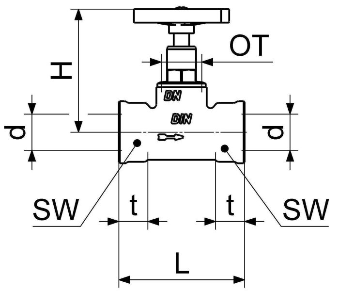 Technische Maßzeichnung eines Absperrventils mit Kennzeichnung der Abmessungen H, d, OT, t, L und SW.