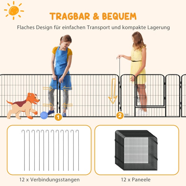 PawHut Welpenauslauf 80 cm Hoch, 12-TLG Welpenlaufstall mit 2 Tür, DIY Hundelaufstall Freilaufgehege für mittelgroße Hunde, Kaninchen, Meerschweinchen, Stahl, Grau