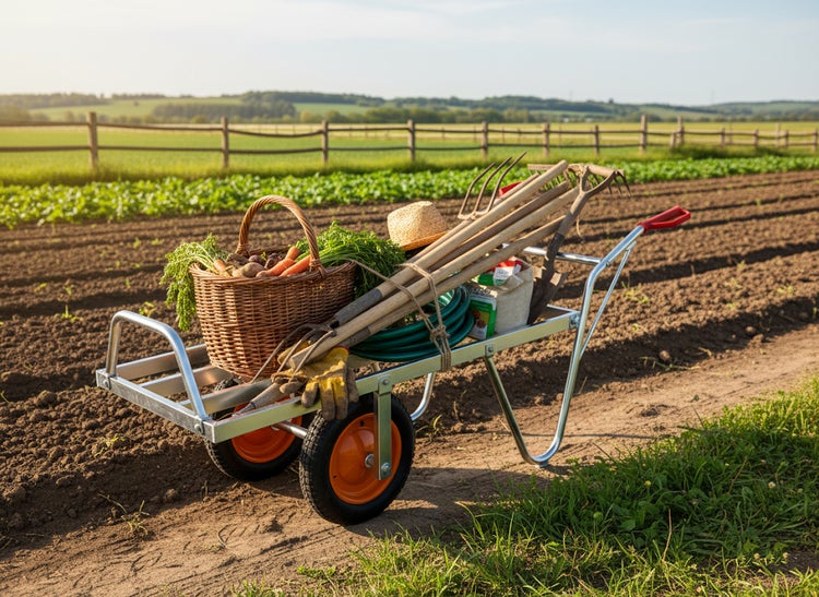 Gartenszene mit Schubkarre, Erntekorb und Gartengeräten auf einem Feld