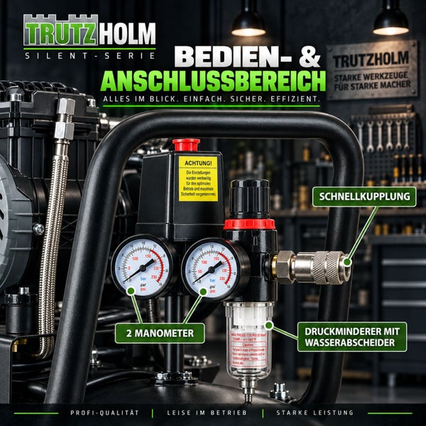 Bedien und Anschlussbereich eines Trutzholm Kompressors mit zwei Manometern, Schnellkupplung und Druckminderer mit Wasserabscheider.