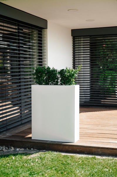 Hoher weißer rechteckiger Pflanzkübel mit grünen Pflanzen auf einer Holzterrasse vor einem modernen Haus mit Außenjalousien.