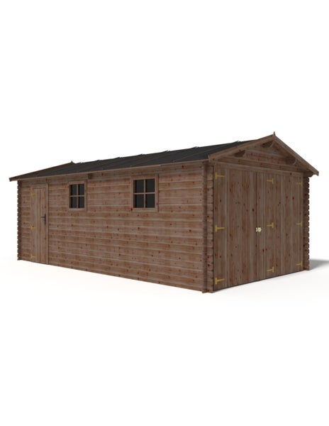 Technische Zeichnung mit Maßangaben für eine Holzgarage mit Satteldach, Tür und Fenstern.
