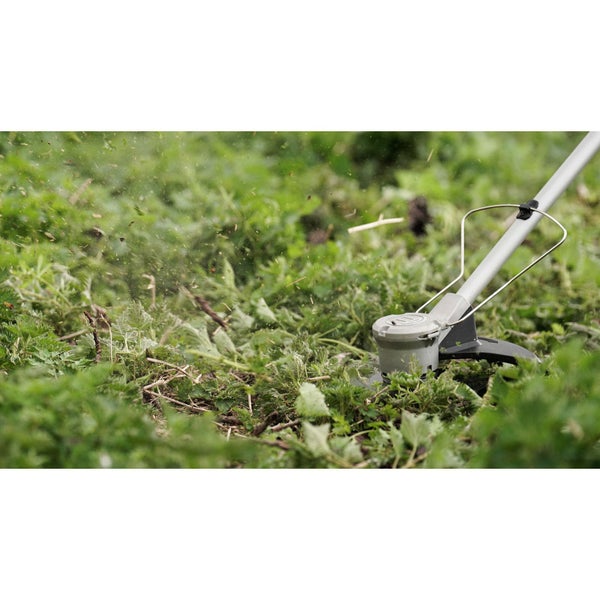 Bosch Akku-Rasentrimmer 36 Volt mit Ladegerät, Tragegurt, Fadenspule und Verpackung.