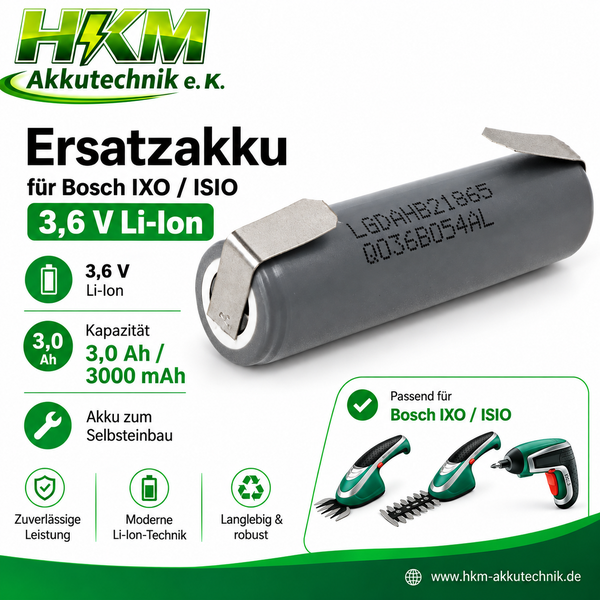 Ersatzakku 3,6 Volt Lithium Ionen 3000 Milliamperestunden für Bosch IXO und ISIO Werkzeuge zur Selbstreparatur von HKM Akkutechnik