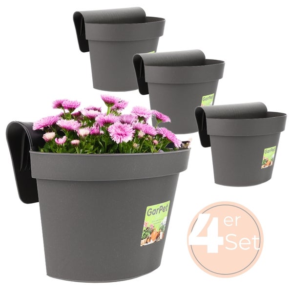 Vierer Set graue Pflanztöpfe zum Aufhängen mit Blumen