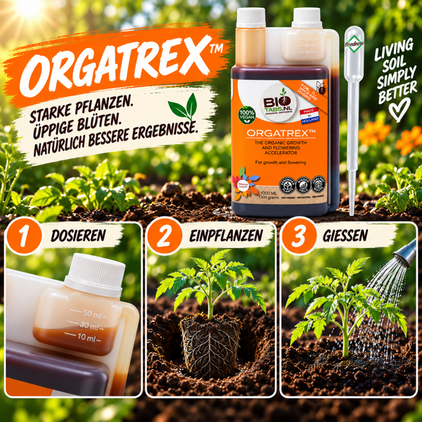 Bio Tabs Orgatrex organischer Wachstums- und Blütebeschleuniger 1000 Milliliter Flasche mit Anleitung zur Anwendung im Garten