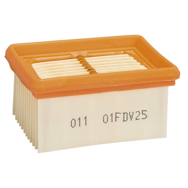 Rechteckiger Lamellenluftfilter aus Papier mit orangefarbenem Gummirahmen für Kleinmotoren.