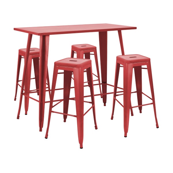 Rotes Bartisch-Set aus Metall mit vier Hockern.