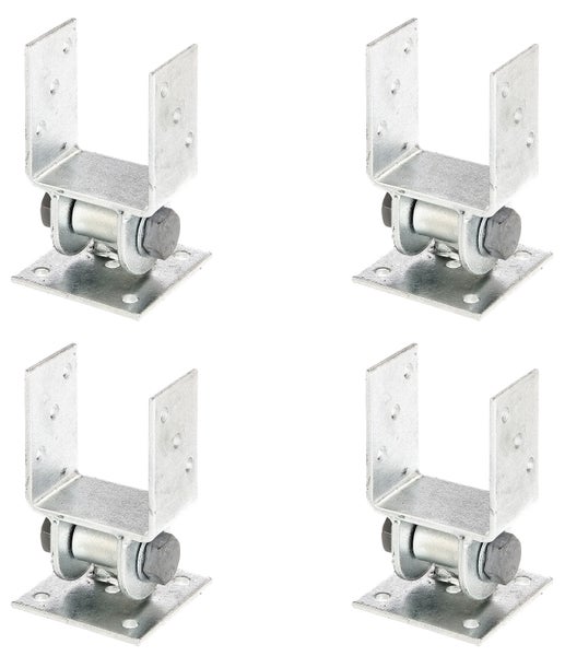 Set von vier verstellbaren Pfostenträgern aus verzinktem Stahl zur stabilen Befestigung von Holzbalken auf Betonuntergründen