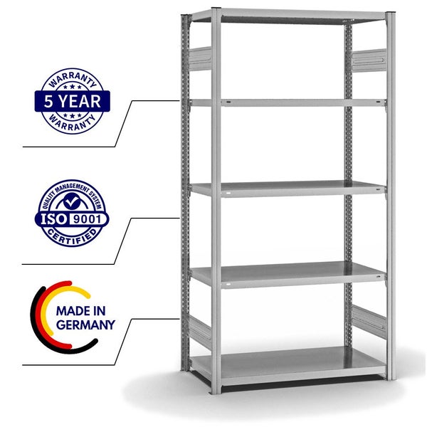 PROREGAL Fachbodenregal Stecksystem T-Profil Light-Duty Grundregal HxBxT 200 x 100 x 50 cm 5 Ebenen Fachlast 140 kg Beidseitig Nutzbar Verzinkt