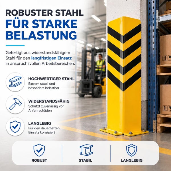 Gelb-schwarzer Eckschutz aus robustem Stahl für Lagerregale, am Boden montiert in einem Lagerhaus; stabil, widerstandsfähig und langlebig.