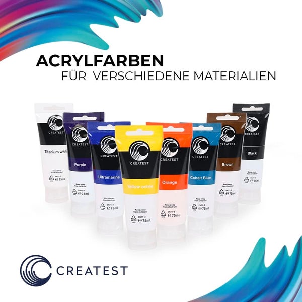 Set aus Createst Acrylfarben in verschiedenen Farben, jeweils 75 Milliliter, geeignet für unterschiedliche Materialien.