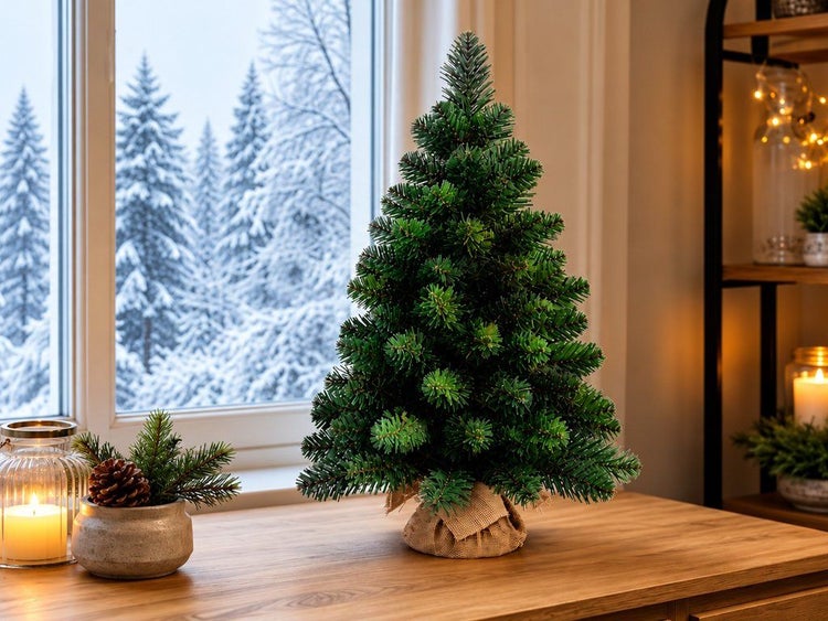 Künstlicher Weihnachtsbaum in Jutesack stehend auf Holztisch vor verschneitem Fenster mit Kerzendekoration