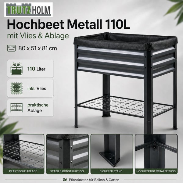 Trutzholm Hochbeet aus Metall mit 110 Liter Volumen, inklusive Pflanzvlies und Ablage, Maße 80 mal 51 mal 81 Zentimeter für Balkon und Garten.