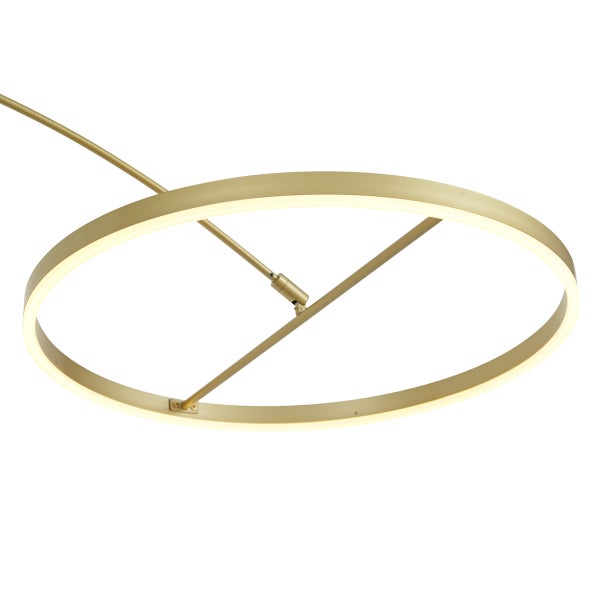 Moderne ringförmige LED-Deckenleuchte aus goldfarbenem Metall mit integriertem warmweißem Lichtband.