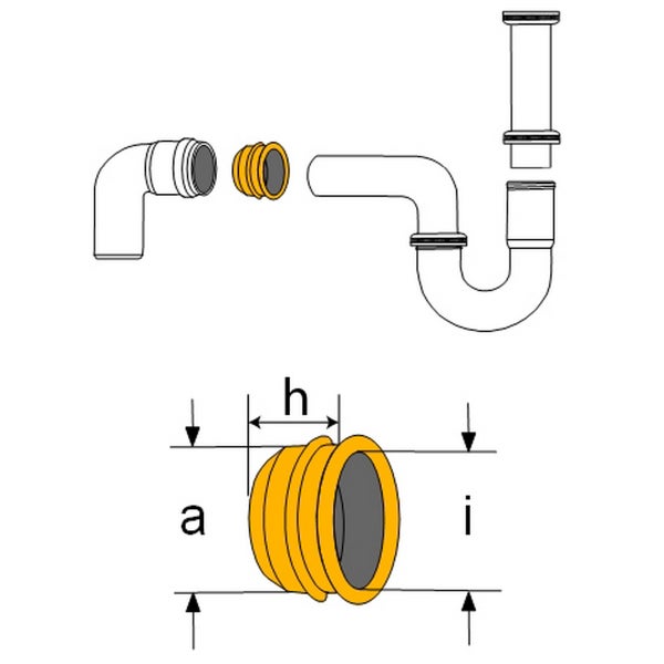 Technische Zeichnung eines Gumminippels für Siphons mit Maßen für Außendurchmesser, Innendurchmesser und Höhe in einer Montageübersicht.