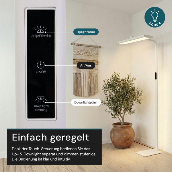 Weiße Stehleuchte mit Touch-Steuerung für separat dimmbares Up- und Downlight sowie 4000 Kelvin in einem hellen, modern eingerichteten Wohnraum.