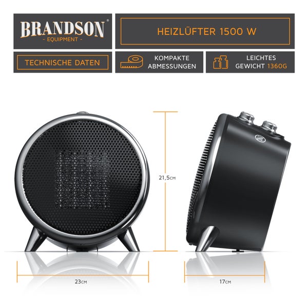 Brandson Keramikheizlüfter 1500W, Keramik Heizelement, 2 Leistungsstufen, Überhitzungsschutz, Automatische Abschaltung, Umkippschutz, energiesparend
