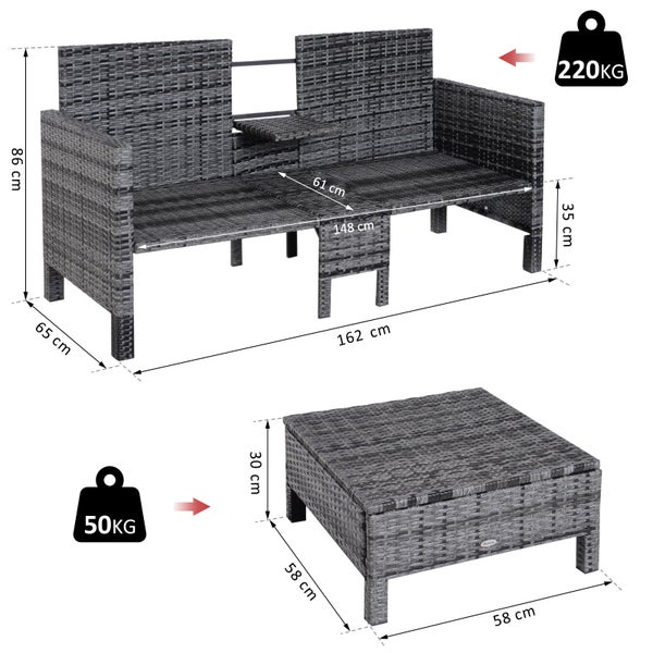 Outsunny 3-tlg. Gartensofa, Sitzgruppe Grau, 2er-Sofa, 2 x Hocker Kissen, L162 x B65 x H86 cm, Polyrattan + Metall, Grau