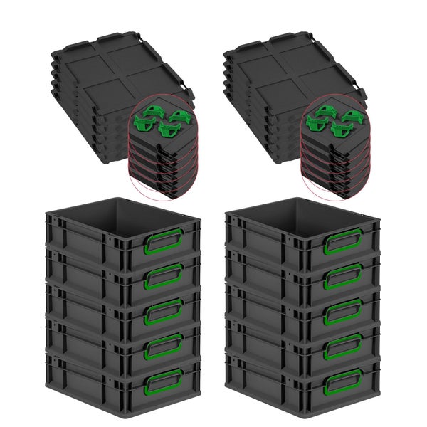 PROREGAL SparSet 10x Eurobox NextGen Color mit Auflagedeckel und Schiebeschnappverschlüsse, HxBxT 12x30x40cm, 11 Liter, Schwarz, Griffe grün geschlossen, Eurobehälter, Transportbox, Transportbehälter, Stapelbehälter