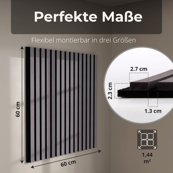 Akustikpaneel mit vertikalen Lamellen, 60 mal 60 Zentimeter, Lamellenbreite 2,7 Zentimeter, Abstand 1,3 Zentimeter, Stärke 2,3 Zentimeter.