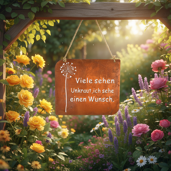 Rostiges Gartenschild mit Pusteblumen-Motiv und Spruch Viele sehen Unkraut, ich sehe einen Wunsch in einem hellen Garten mit Blumen.