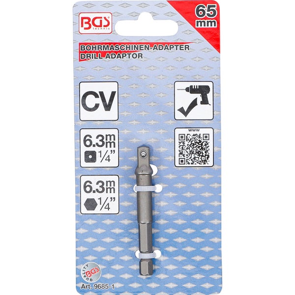 BGS Adapter für Bohrmaschinen Antrieb Außensechskant 6,3 mm (1/4) / Abtrieb Außenvierkant 6,3 mm (1/4) - 9685-1