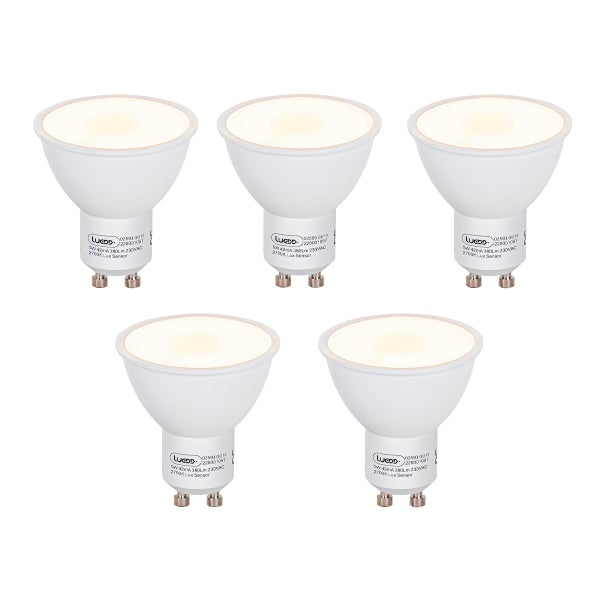5er Pack LUEDD LED Leuchtmittel GU10, 5 Watt, 380 Lumen, 2700 Kelvin mit Dämmerungssensor.