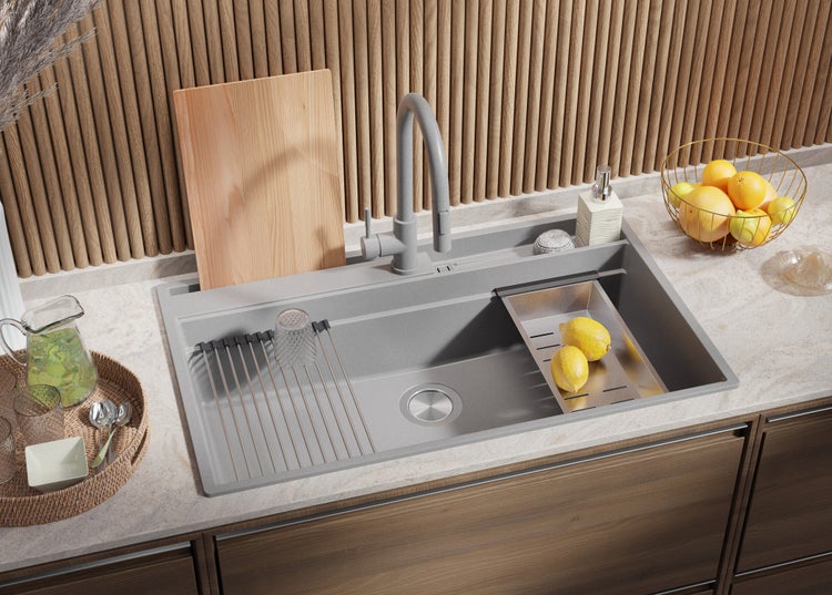 PRIMAGRAN Spülbecken Grau 88x53cm, Granitspüle 1 Becken + Ablauf-Set + Küchenzubehörset, Küchenspüle ab 90er Unterschrank - Oslo Pocket