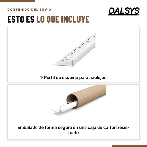 Dalsys Fliesen Eckprofil im Lieferumfang enthalten, sicher verpackt in einer robusten Kartonrolle.